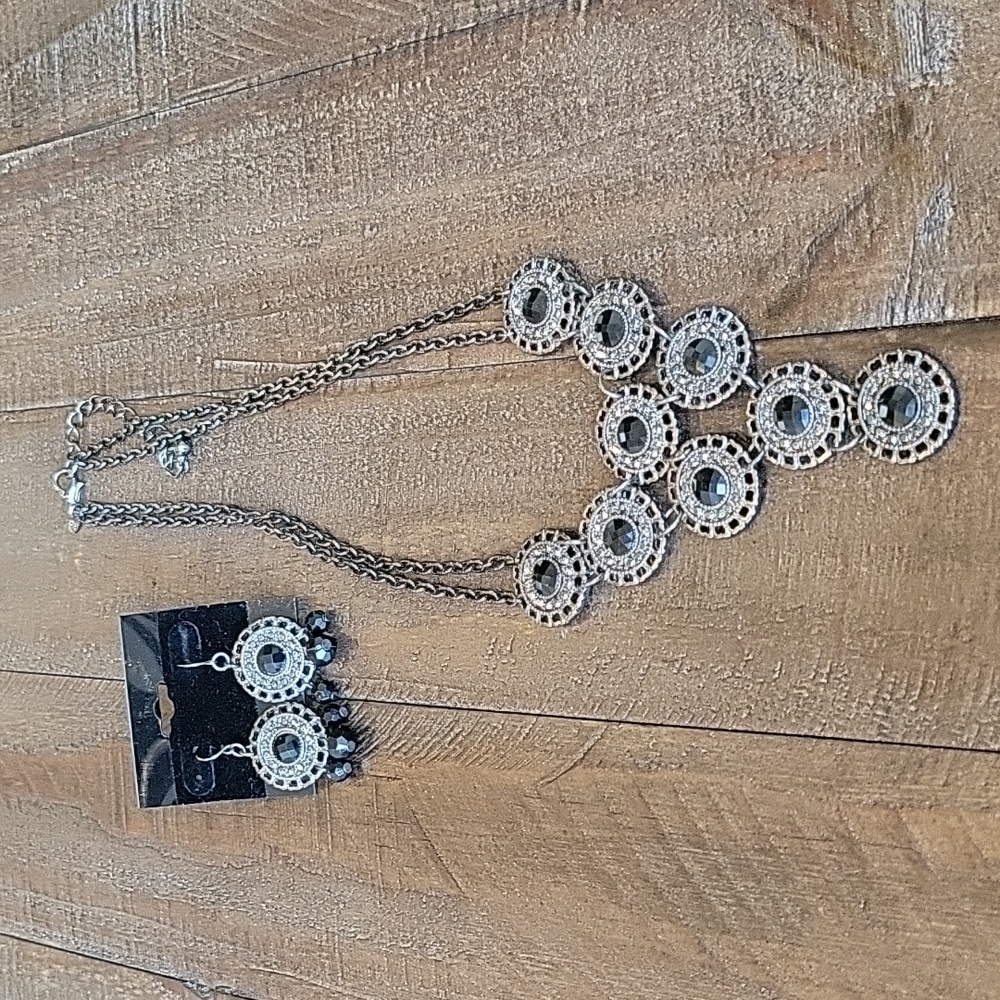 Jet Black Statement Necklace and Earrings Set